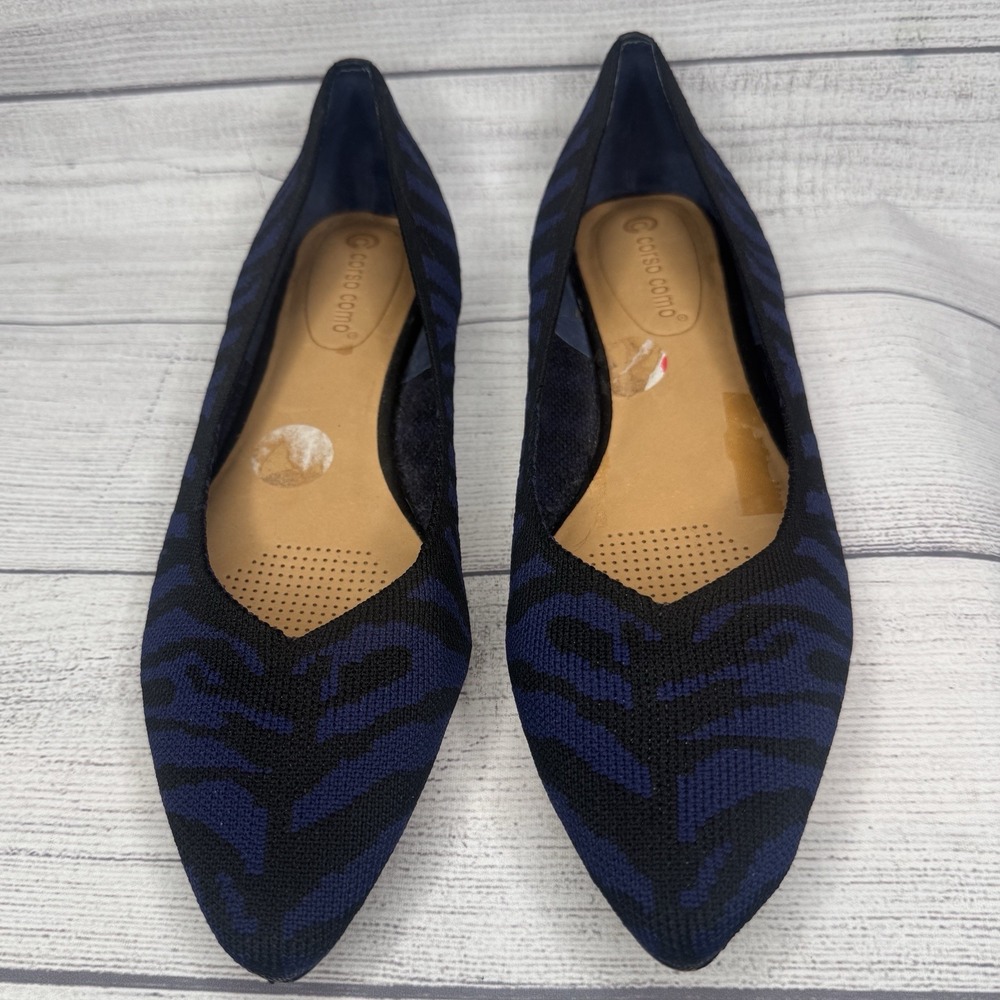 Corso Como Size 10 Julia Black Blue Zebra Knit‎ Pointed Toe Flats Womens